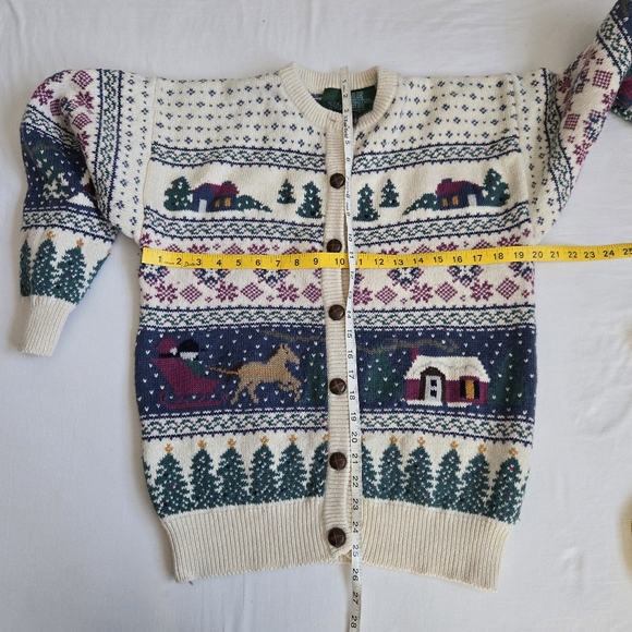Northern Reflections Vtg Cardigan Nordic Winter Scenes Snow Trees SleighsCozy M - Picture 9 of 14